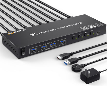 USB 3.0 KVM Switch HDMI 4 Port, 4K@60Hz Edid Emulation KVM Switch allows 4 PCs to share 1 monitor and 4 USB 3.0 devices. Comes with Wired Remote and 12V Power Adapter.