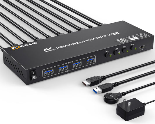 USB 3.0 KVM Switch HDMI 4 Port, 4K@60Hz Edid Emulation KVM Switch allows 4 PCs to share 1 monitor and 4 USB 3.0 devices. Comes with Wired Remote and 12V Power Adapter.