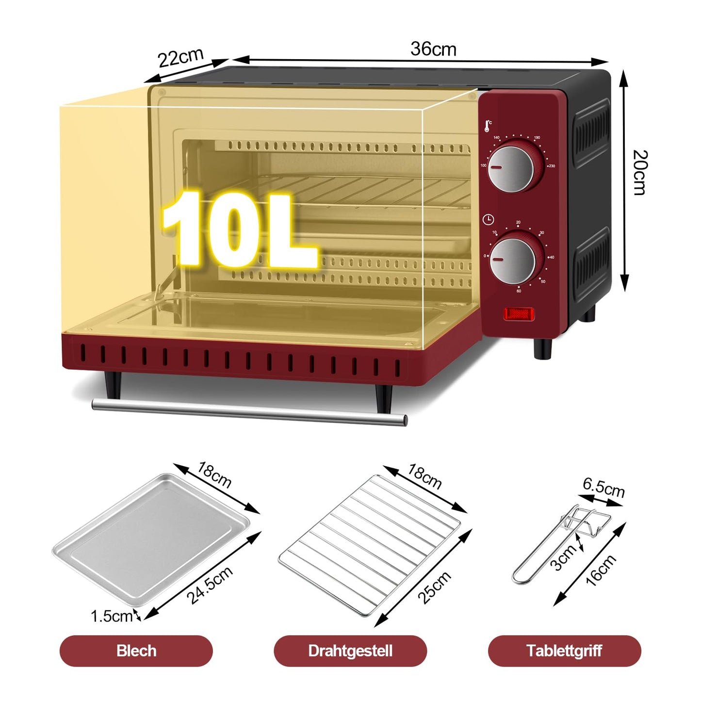 WOLTU Mini Oven 10 Liters, 650 Watts Toaster Oven, small electric oven, 100-230 °C, 60 min., top and bottom heat, with baking tray, grill grate, and detachable handle, red+black.