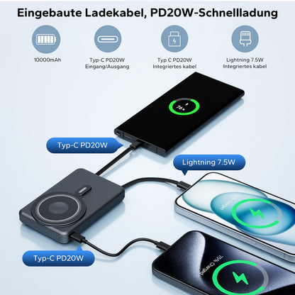 Eazpower Magsafe Powerbank for Apple, 10,000mAh Power Bank for iPhone with Built-in USB-C Cable, Wireless Magnetic Powerbank 20W PD Fast Charging for iPhone, Apple Watch, and Airpods.
