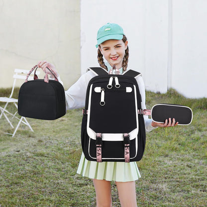 Bevalsa school backpack set for girls with lunch bag, 21L waterproof large casual daypack for elementary students in black color.