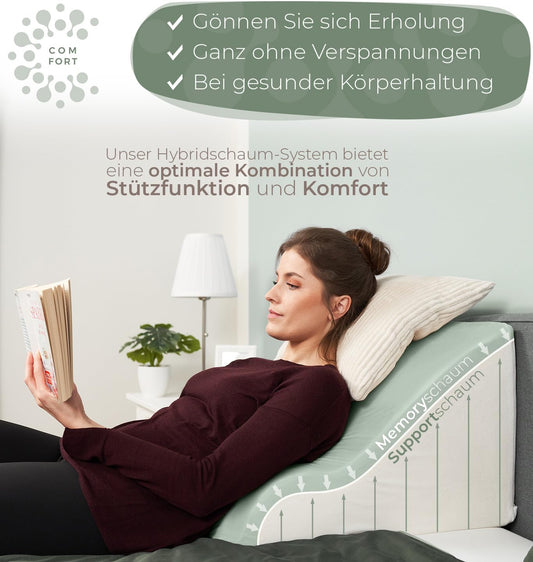 Ergonomic reading pillow for bed and sofa - Comfortable backrest with memory foam - Can be used as a reflux pillow, wedge pillow for bed, bed backrest in sitting and lying positions, GRAY