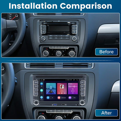Hikity Android 13 car radio navigation for VW Golf 5 V 6 EOS Passat B6 Touran Polo Caddy, with wireless Carplay, Android Auto, 1+32GB storage, 7-inch 2Din radio with GPS, WiFi, Bluetooth, FM, RDS, Hi-Fi MIC, and AHD rearview camera.