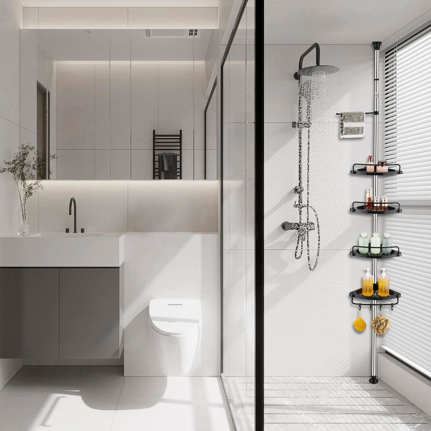 ZHUGE Telescope Shower Shelf, adjustable corner shelf for the shower with 4 shelves, 4 hooks, 1 towel bar for bathroom storage, rustproof, 70-330 cm from floor to ceiling, Black