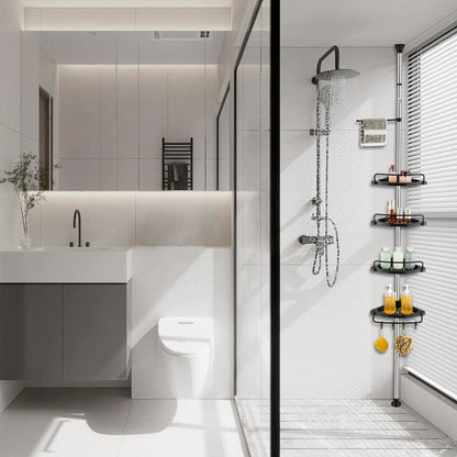 ZHUGE Telescope Shower Shelf, adjustable corner shelf for the shower with 4 shelves, 4 hooks, 1 towel bar for bathroom storage, rustproof, 70-330 cm from floor to ceiling, Black