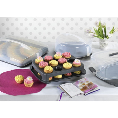 Xavax Cake Transport Box round with lid Cake container 31.5 cm diameter, inner height 8 cm, Cake box with slice division aid, cake plate anthracite, Transparent
