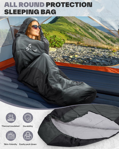 Outdoor mummy sleeping bag: Sportneer 3-4 seasons lightweight water-resistant sleeping bag 5°C - 15°C for travel festival camping indoor compact & ultralight, black+grey.