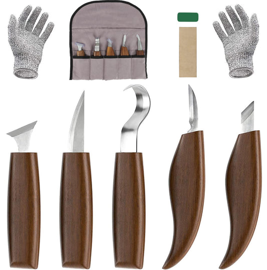 Wood Carving Tool Set, 10 in 1 carving knife set with 5* knife carving chisel, cut-resistant gloves, oil wax, polishing tape, Ideal carving set for beginners and professionals.