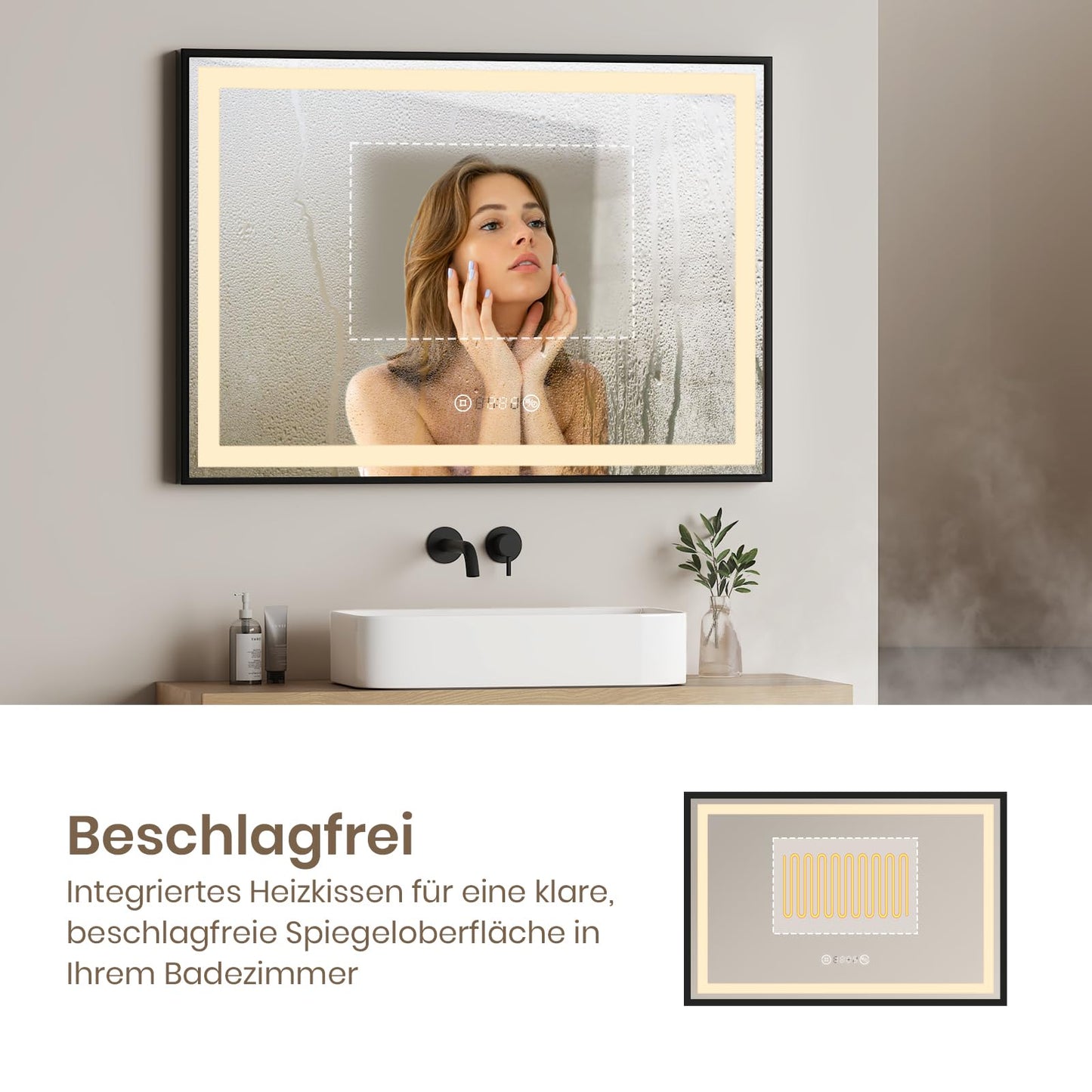 EMKE bathroom mirror with lighting 70x50cm, black mirror with touch control, dimmable, anti-fog, clock, memory function and neutral light 4300K, energy-saving wall mirror IP44
