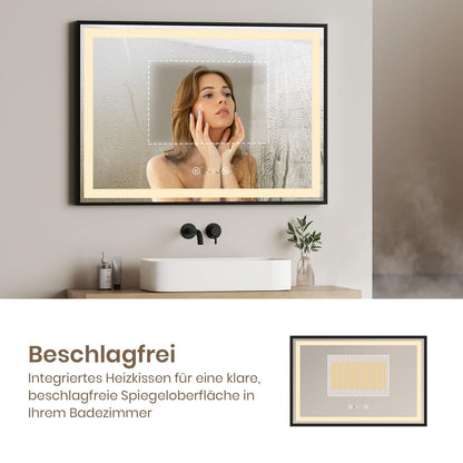 EMKE bathroom mirror with lighting 70x50cm, black mirror with touch control, dimmable, anti-fog, clock, memory function and neutral light 4300K, energy-saving wall mirror IP44