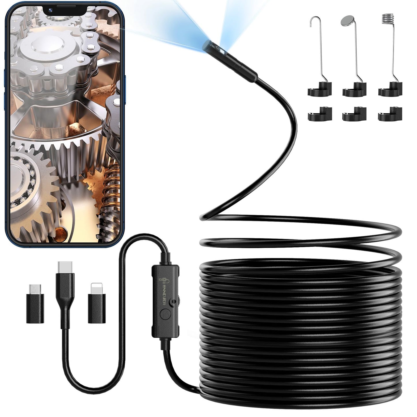 Endoscope camera with light, Ennovor 1920 HD dual-head endoscope camera for mobile phones with 8 LED lights. No WiFi inspection camera, waterproof IP67 sewer camera for Android & iOS, tablets (32.8 ft/10m).