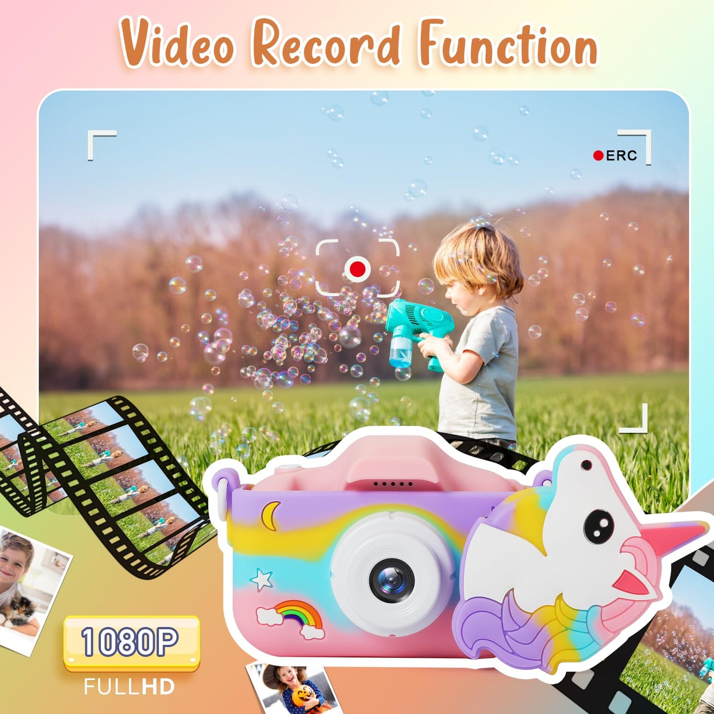 Kids Camera - Girls Gifts/1080P Kids Digital Camera+32GB TF Card, Anti-Drop Camera Case/HD Video/38 Picture Frames and Filters/8x Zoom/5 Learning Games, Gifts for Boys Girls 3-9 Years