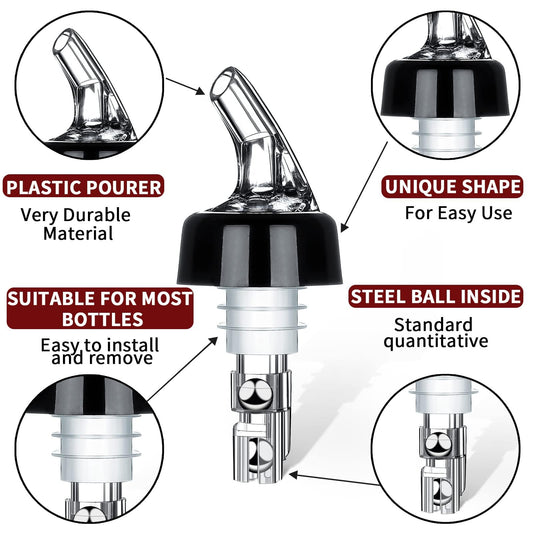 12 pieces of bottle pourer spouts with 3cl portion control and dust cover. Perfect for measuring and pouring cocktails.