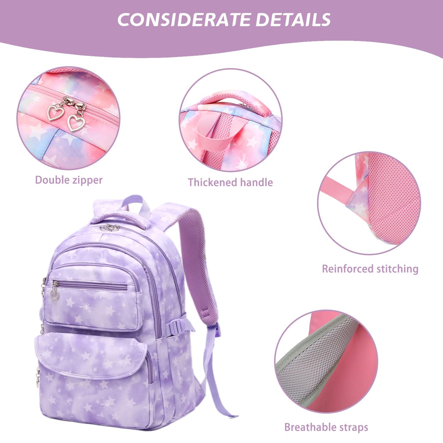 Tanou school backpack for girls 3 pcs with lunch bag pencil case, breathable lightweight school bag for teenage girls 3-9 grade, 22 liters backpack for travel, purple