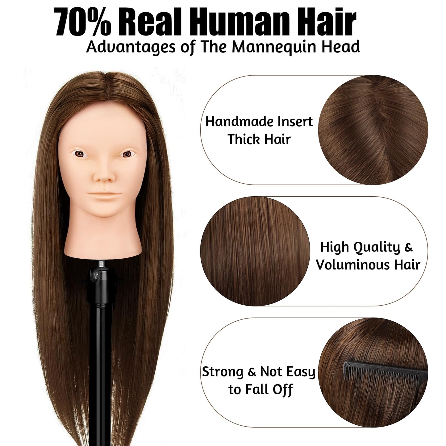 Mannequin Head Real Hair, TopDirect 66cm/26 Inch 70% Human Hair Practice Head Hairdressing Training Head with Braiding Tool & Stand & 7 PCS Colored Hair Extensions