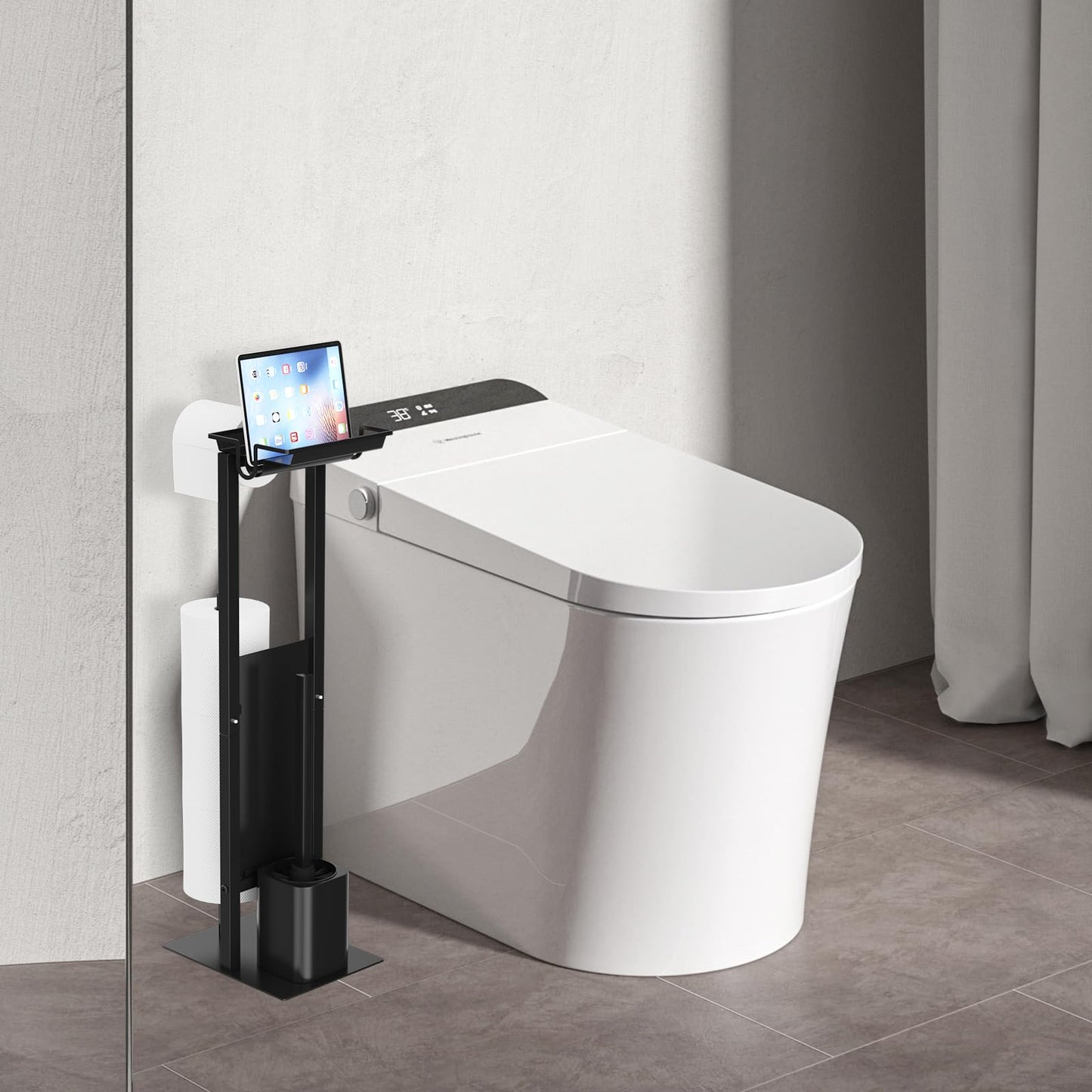 Dailyart freestanding toilet paper holder with toilet brush - multifunctional standing toilet paper holder with upper shelf brush holder toilet paper holder with brush black toilet set for bathroom and toilet.