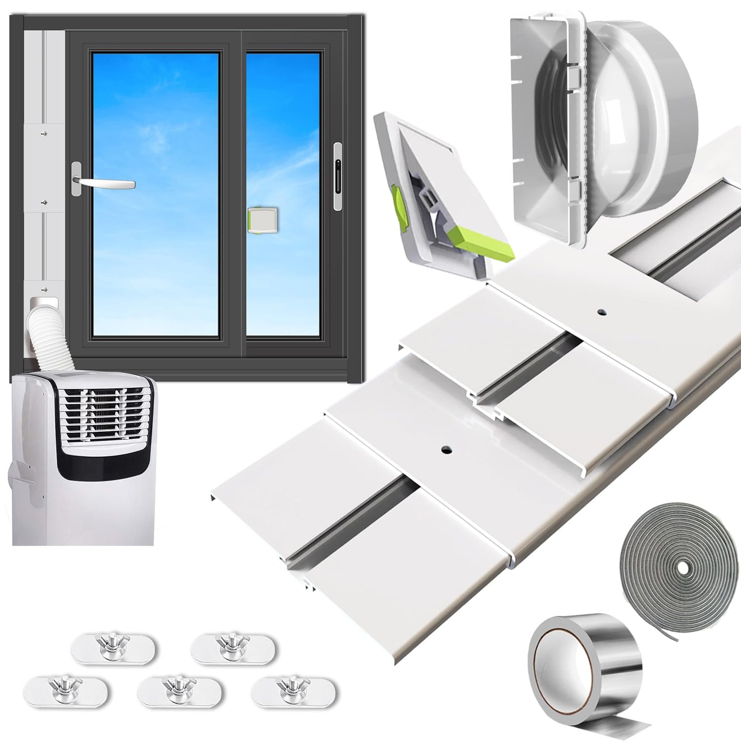 Aozzy 160cm window seal for portable air conditioners with universal adapter 13/15cm, safety lock, and seal for portable air conditioners/dehumidifiers on vertical/horizontal windows.