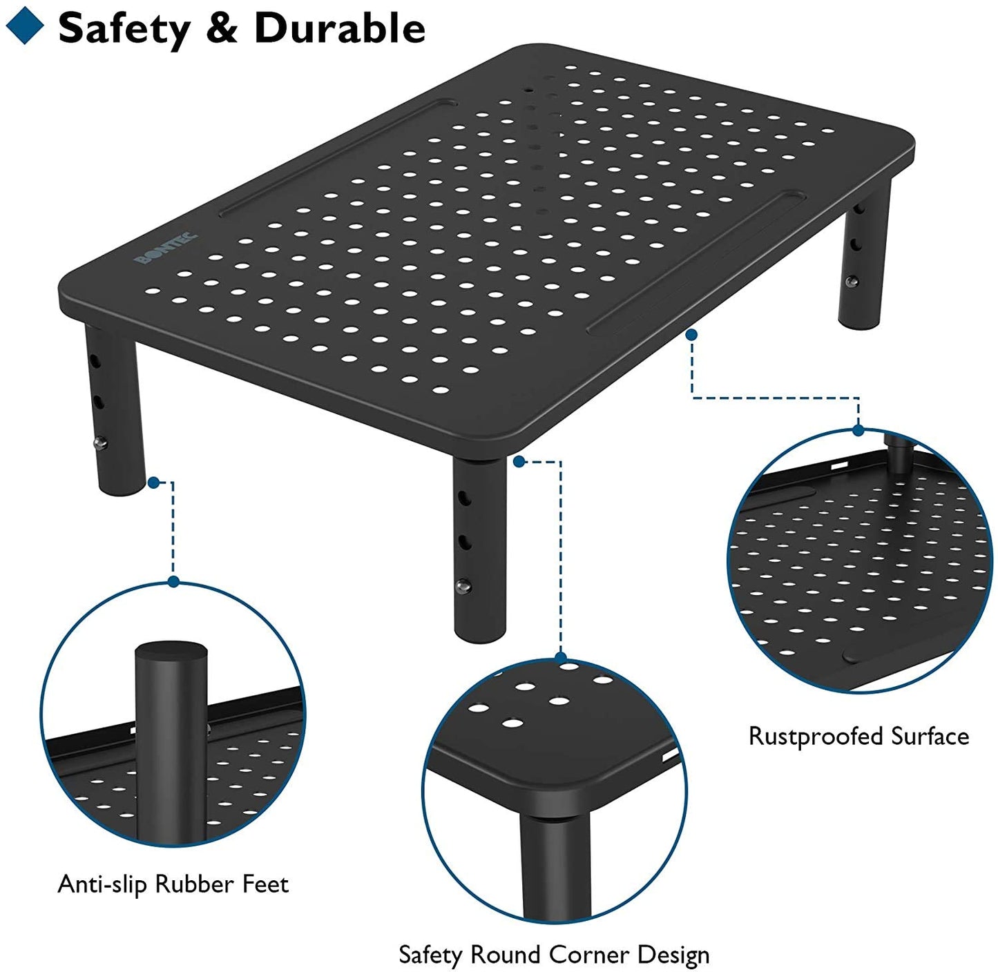 BONTEC Monitor Stand Adjustable Monitor Riser made of high-quality metal. Ergonomic stand for laptop, computer, iMac, PC, printer up to 20 kg, black 2-pack.