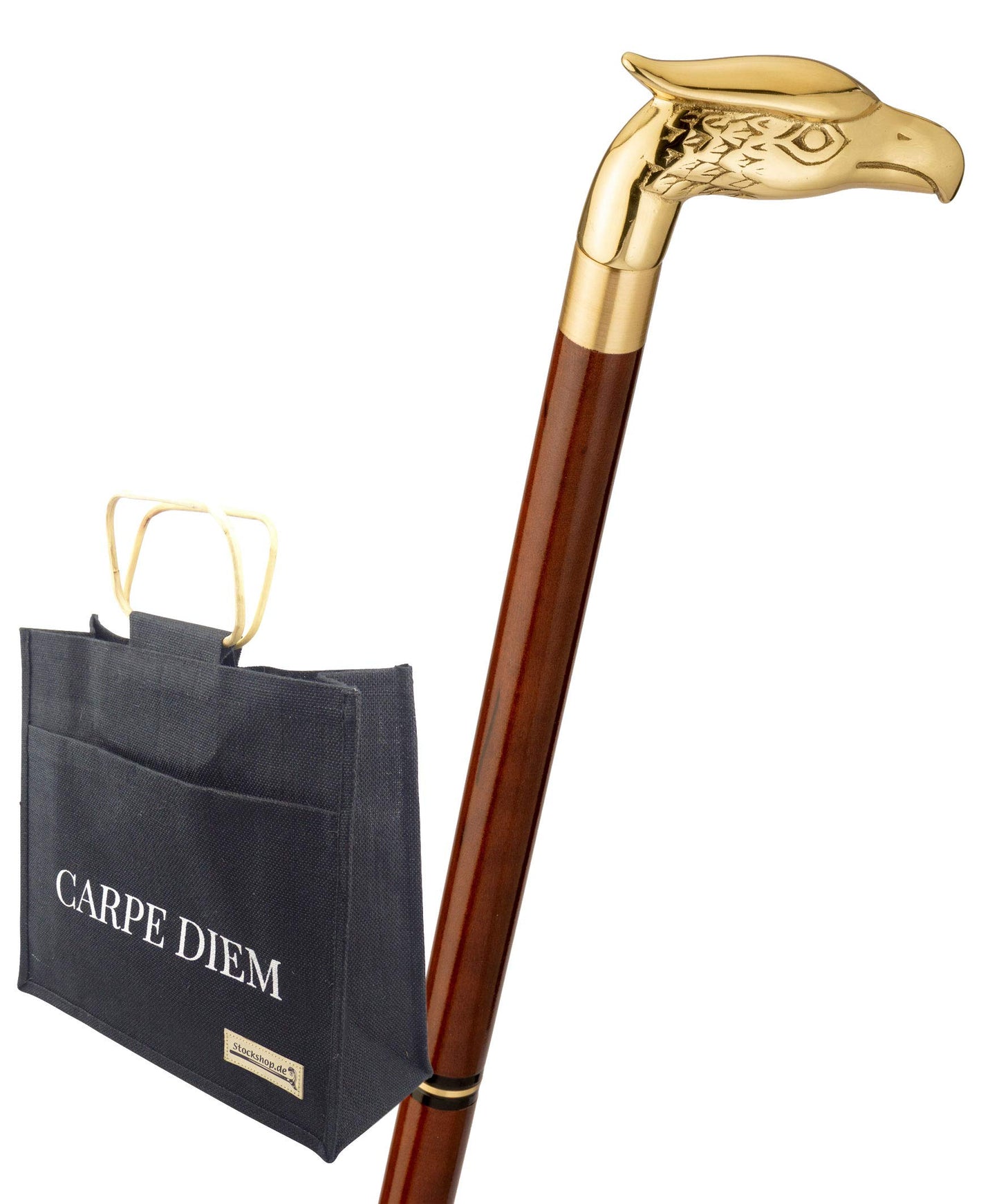 Travel cane with jute bag, eagle, animal head bird, brass, brown hardwood stick, walking stick, split, secret compartment, women, men