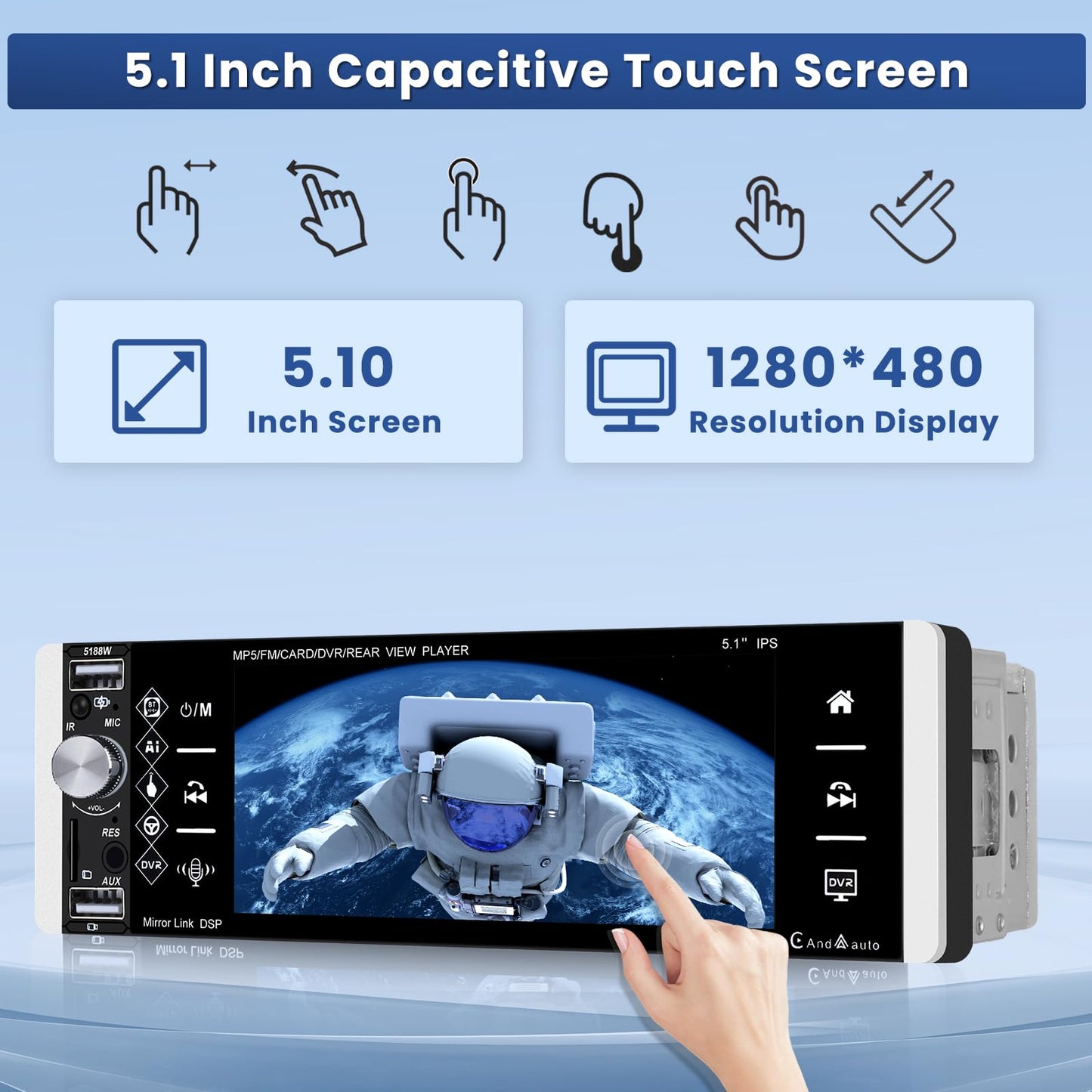 Hikity 1Din car radio with Bluetooth rear camera, 5.1 inch touchscreen car radio with wireless CarPlay & Android Auto, Bluetooth, two USB ports, remote control, mic, FM radio.