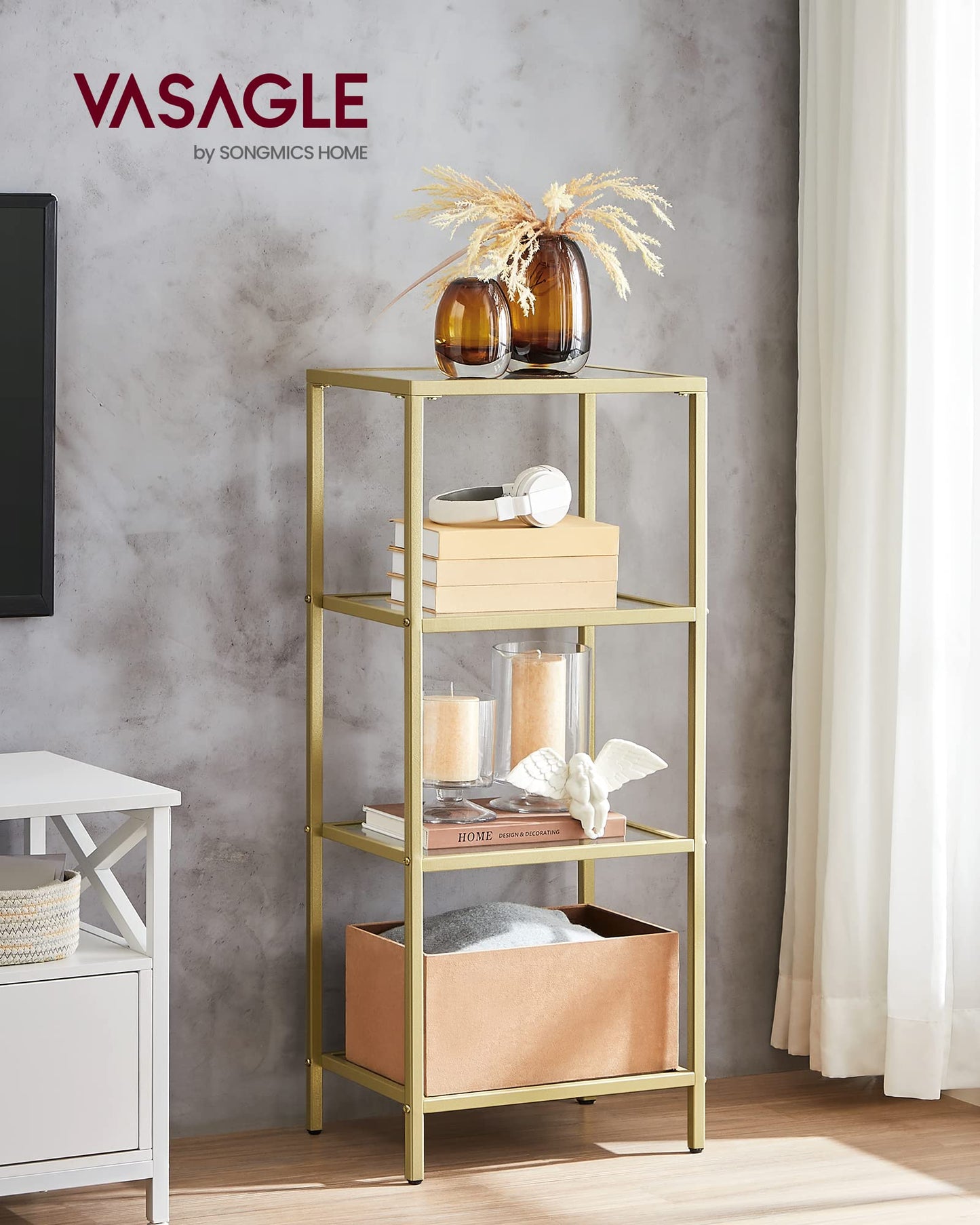 VASAGLE 4-tier shelf, bathroom shelving unit, tempered glass, easy assembly, for bathroom, living room, kitchen, office, clear-metallic gold LGT28G