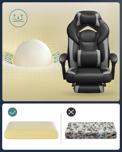 SONGMICS Gaming Chair, Office Chair with Footrest, Desk Chair, ergonomic design, adjustable headrest, lumbar support, up to 150 kg capacity, black-grey OBG77BGG