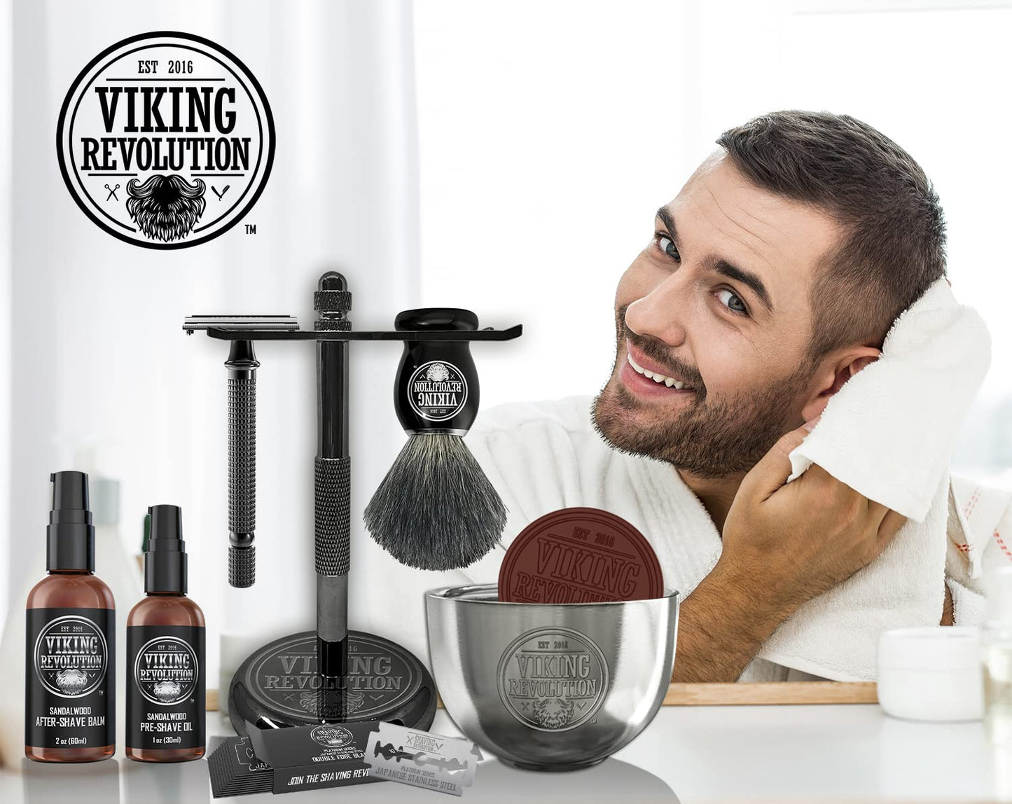 Viking Revolution - Luxury Shaving Kit for Men - Safety Razor with Double Edge, Stand, Bowl, After-Shave Balm, Pre-Shave Oil, Badger Brush, Men's Razor - Gifts for Men
