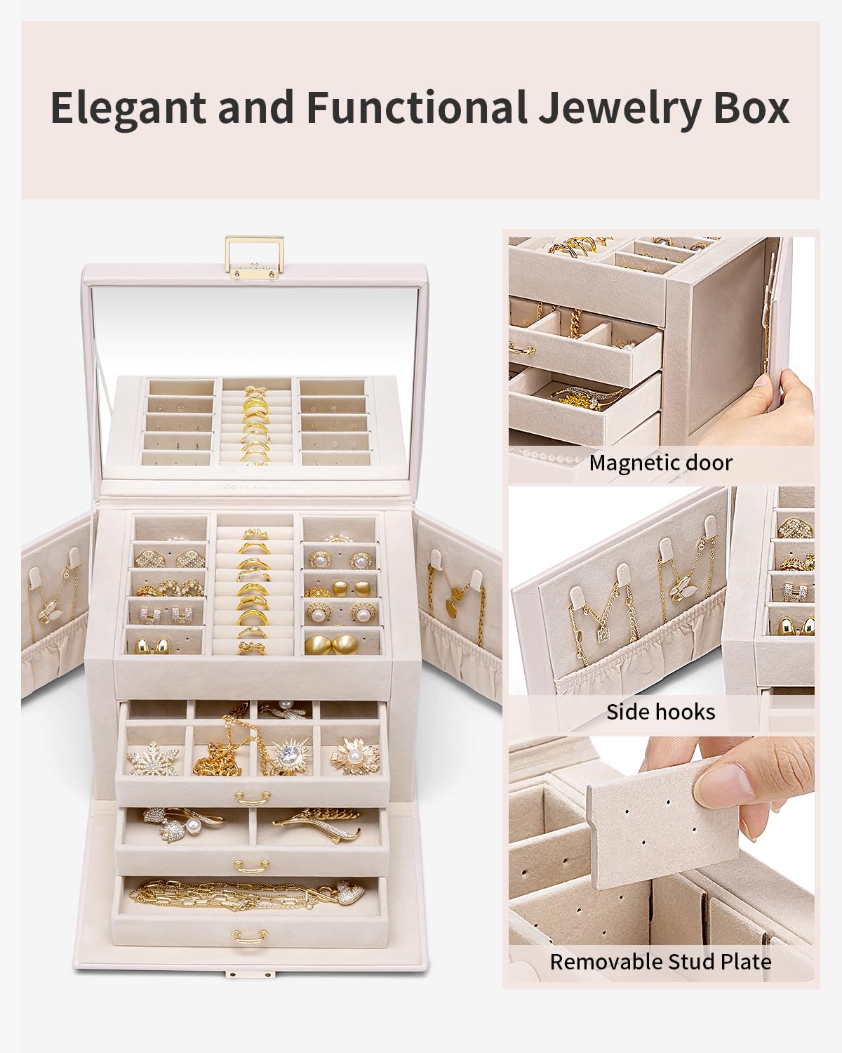 Vlando Jewelry Box Large with 4 layers, Jewelry Case PU Leather, Jewelry Box with Mirror and Drawers, Jewelry Organizers, Velvet lining, Beige