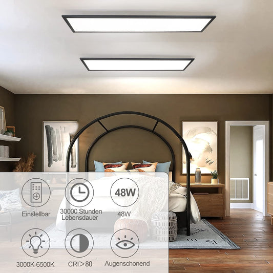 CBJKTX LED panel black ceiling light dimmable - ceiling lamp 120x30CM long with remote control 48W kitchen lamp flat office lamp modern ceiling panel daylight lamp rectangular for kitchen living room office
