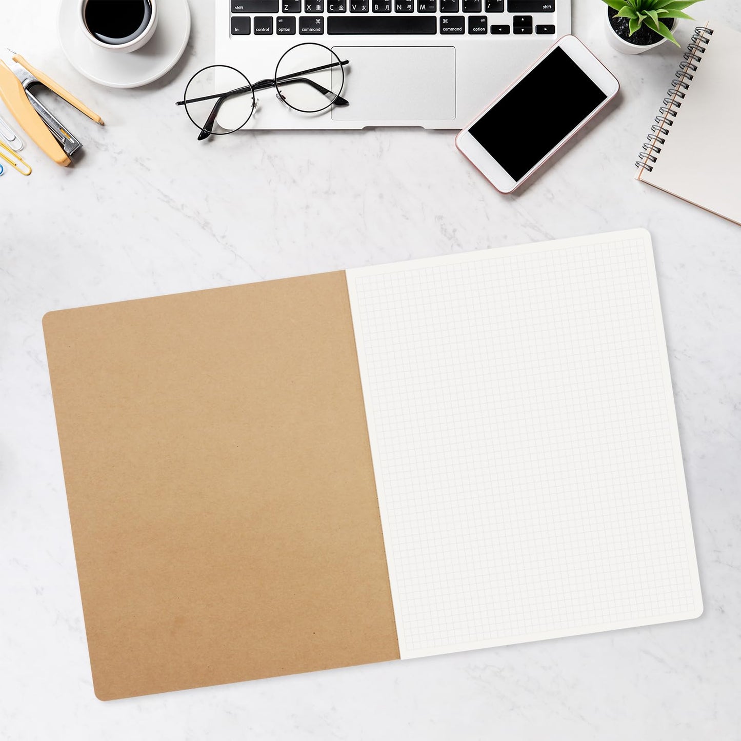 YBCPACK Kraft Grid Notebook A4, 6 Notebook Set, Grid Notepad with 64 pages (32 sheets), Notepad for office, school & travel (21.6x28cm)