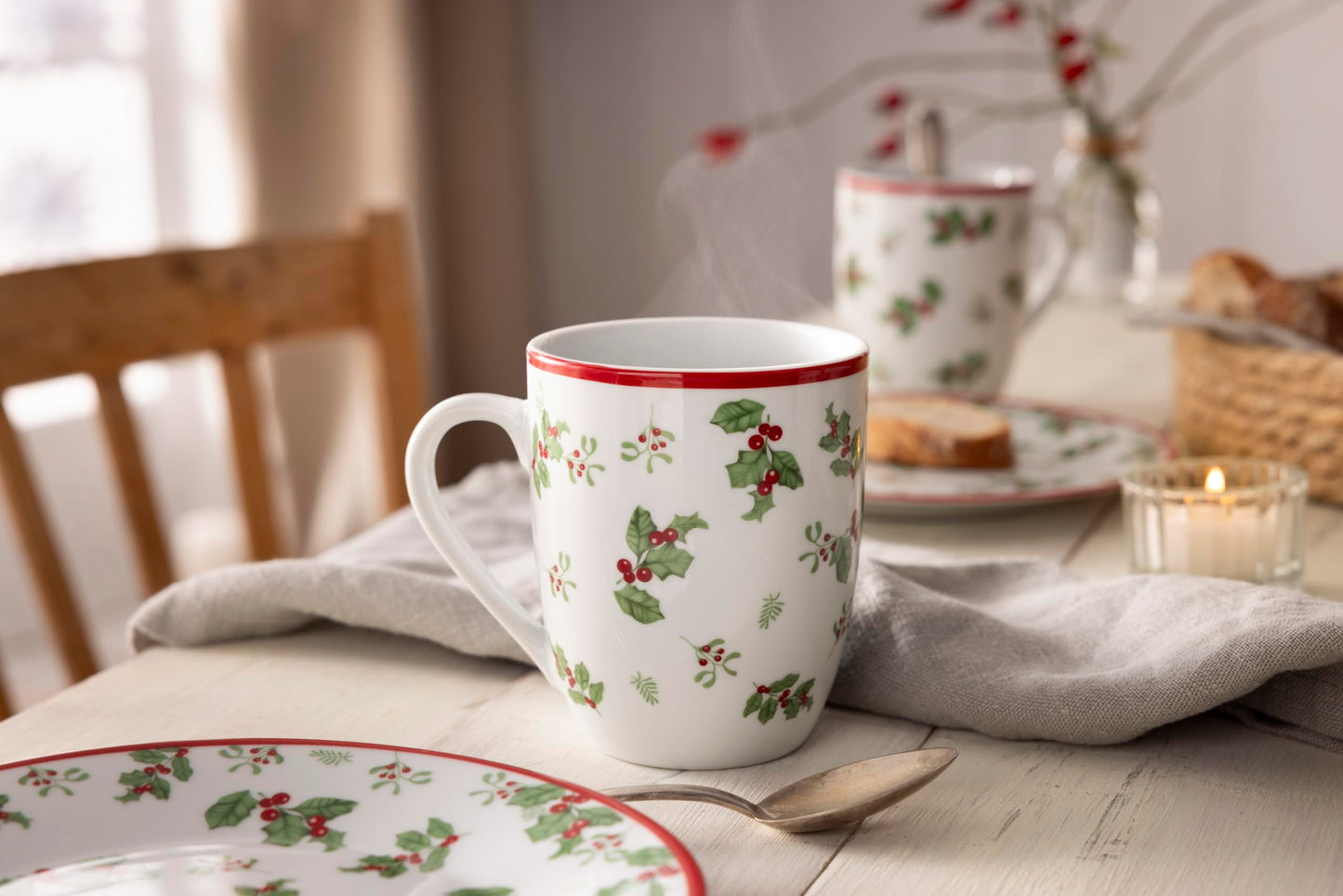Service set HOLLY 16 pieces for 4 persons/Christmas - Merry Christmas/classic holly decor/porcelain round shape/Waterside England by Retsch Arzberg