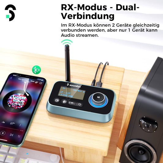 3-in-1 Bluetooth 5.0 Transmitter Receiver for 2 headphones, SOOMFON Bluetooth Audio Adapter for TV, PC, Stereo, Low Latency BT Transmitter Receiver with volume control, Aux/RCA/Optical