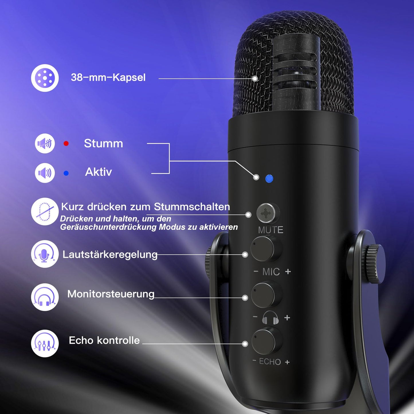 ZealSound USB Microphone, Plug & Play Condenser Mic for PC/iPhone/phone with Noise Cancellation & Mute - for Podcasts, Streamers, Gamers, YouTube, ASMR on Mac Windows PS5 - incl. USB-C & Lightning Adapter