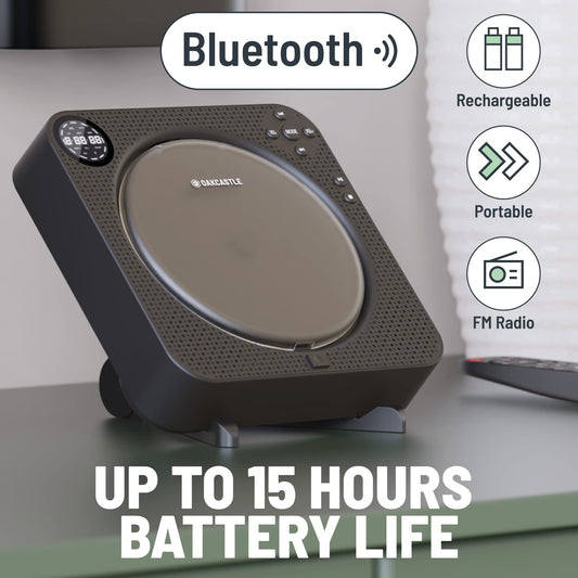 Portable CD player with speakers | Wall-mountable Bluetooth CD player | 12 hours playback time with AUX and FM radio | Includes remote control, stand & USB cable | OAKCASTLE CD150