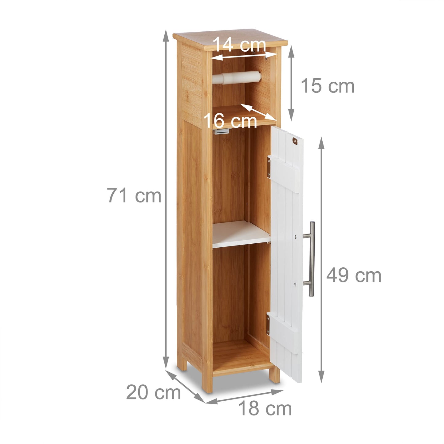 Relaxdays standing toilet paper holder, bathroom rack HWD: 71x18x20 cm, MDF & bamboo, toilet paper cabinet, brown/white