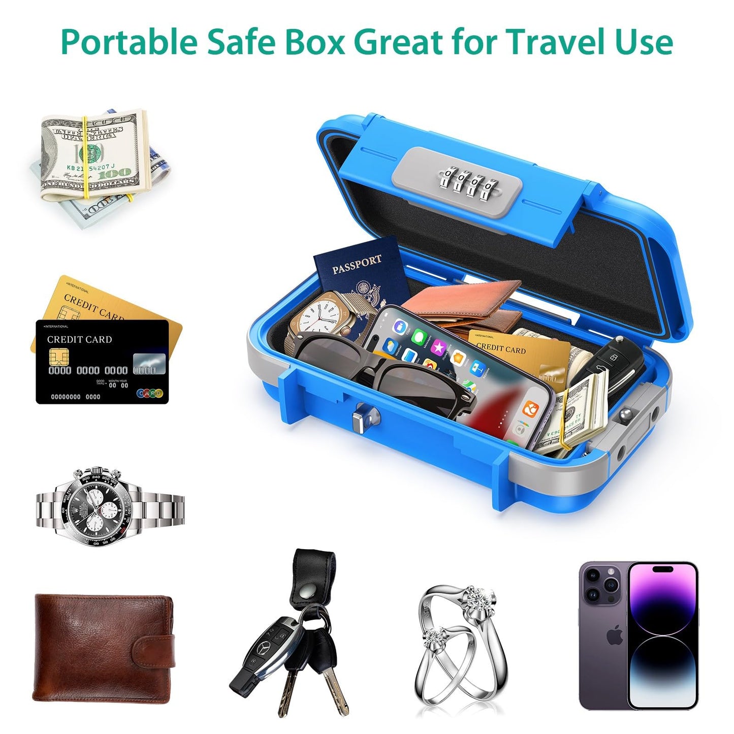 ORIA Portable Safe with Combination Lock, Key Safe Security Box Outdoor Safety Vault, with Removable Wire Rope, Waterproof Key Safe with Combination, for Travel, Beach, Camping - Blue