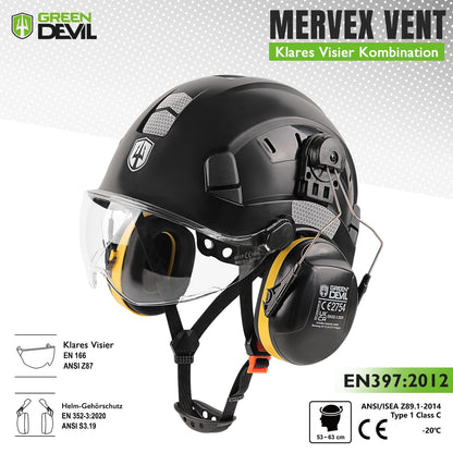 GREEN DEVIL protective helmet work helmet with clear visor and ear protection earmuffs Adjustable ABS safety helmet Ventilated construction helmet Industrial helmet (Black)