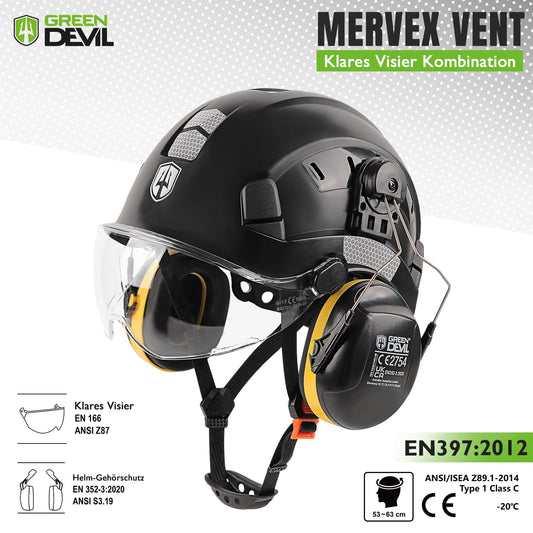 GREEN DEVIL protective helmet work helmet with clear visor and ear protection earmuffs Adjustable ABS safety helmet Ventilated construction helmet Industrial helmet (Black)
