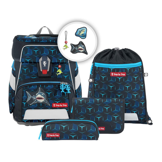 Step by Step school bag set "Space Shine Shark Dexter” 5-piece, ergonomic reflective material backpack, height-adjustable, for 1st grade onwards, 20L capacity, blue-black, shark-themed.