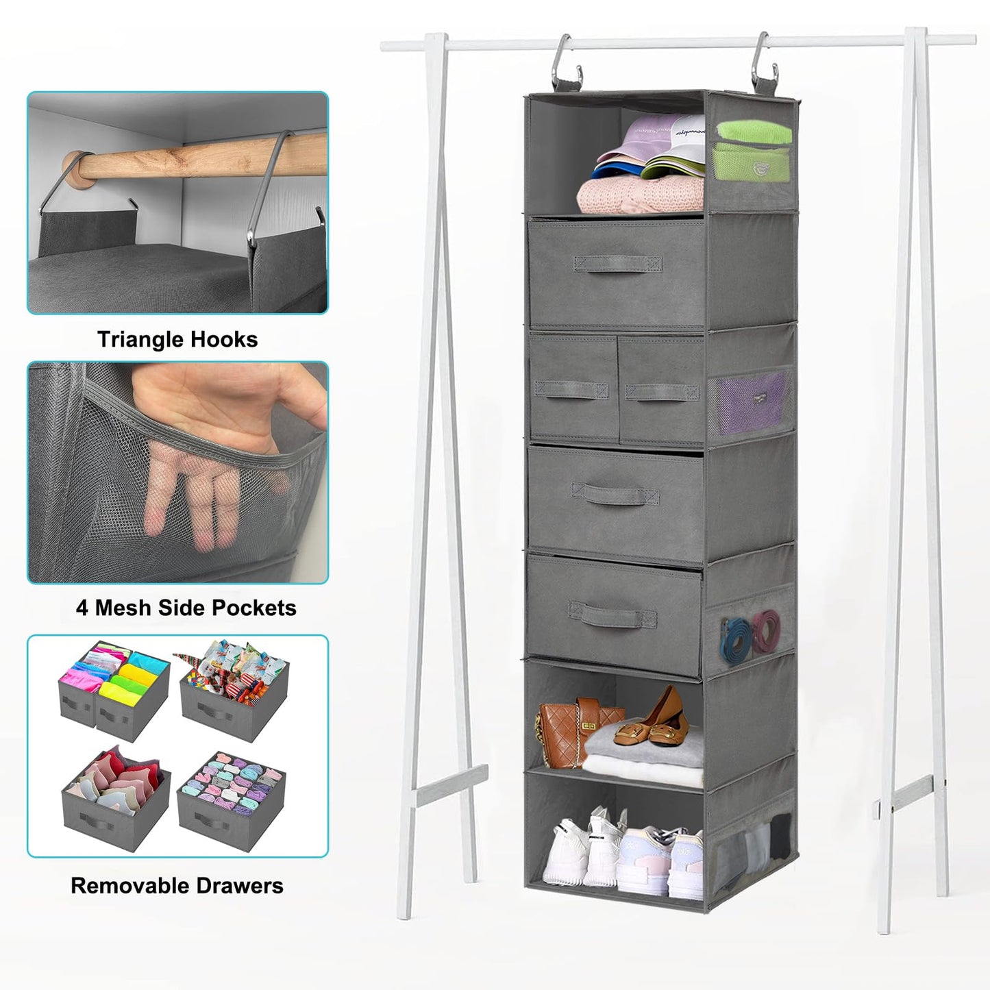 VERONLY hanging shelf with 7 compartments hanging organizer wardrobe organizer hanging storage fabric with 5 drawers and 8 mesh pockets foldable storage system for bedroom, camper camping (gray)