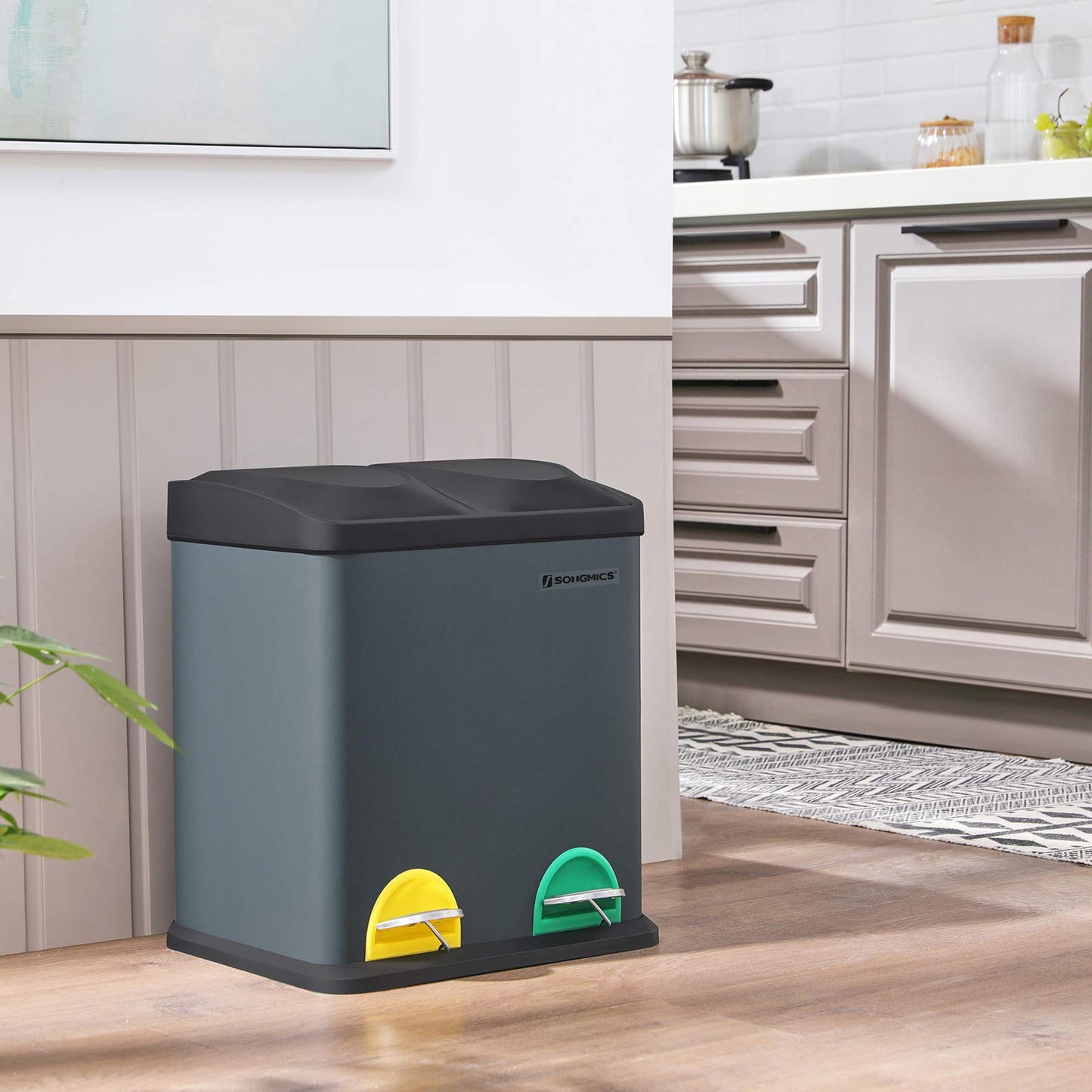SONGMICS trash can 30 liters, waste separation, 2 x 15 liters, garbage can, step trash can with inner bins, colored pedals, waste recycling system for the kitchen, smoke gray-black LTB30G