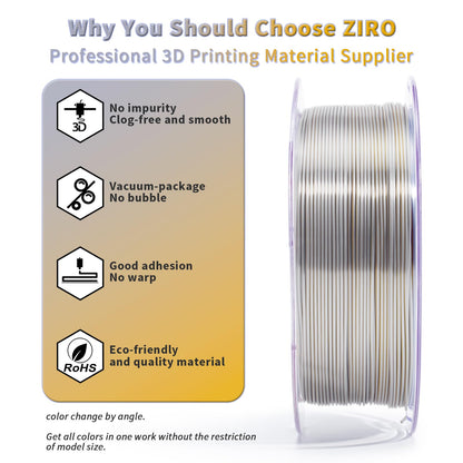 ZIRO PLA Filament Dual Color Coextrusion Silk 3D Printer Filament 1.75mm for 3D Printers & 3D Pens, Multicolor PLA Rainbow Filament, 1kg (2.2lbs), Gold & Silver Color