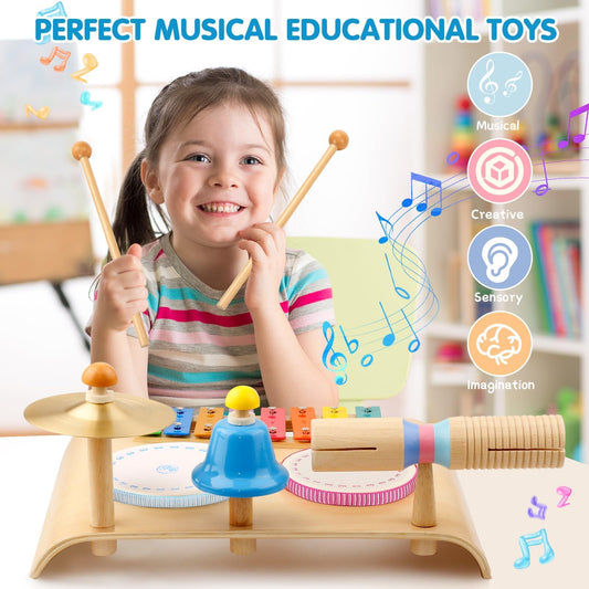Sweet Time musical instruments for children, music kids' toys with xylophone, wooden percussion set, drum kit rhythm toy for toddler boys and girls (children's drum set)