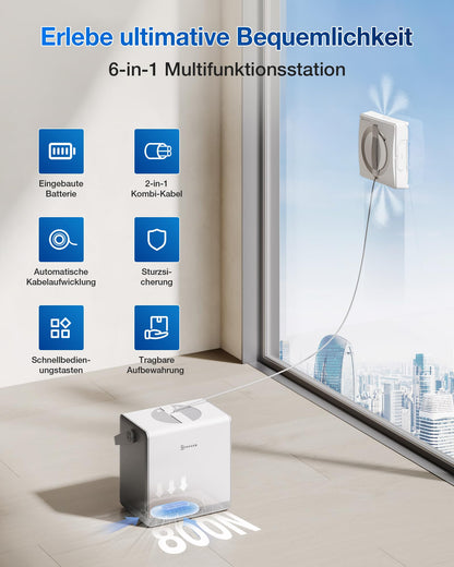 ECOVACS WINBOT W2 PRO Omni window cleaning robot with 6-in-1 multifunction station, on-the-go recharging, 3-nozzle spray head, 12-step safety features, Win-SLAM 4.0 path planning, White