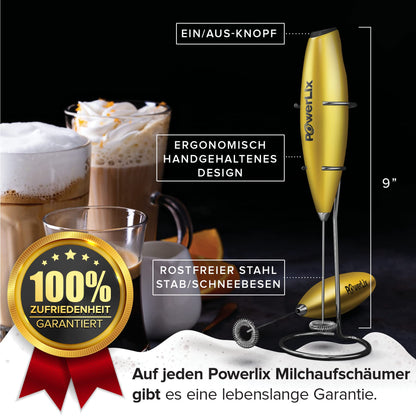 PowerLix Milk Frother Wand, Electric Milk Frother - with Stainless Steel Stand 15-20s, 19000 RPM, Battery Operated Milk Frother for Coffee, Latte, Cappuccino, Hot & Cold Chocolate