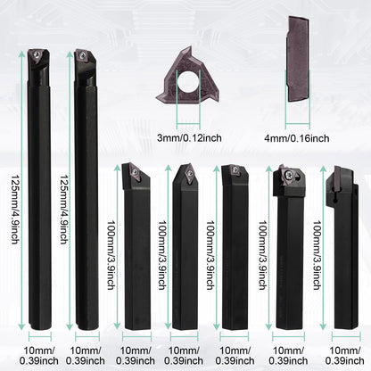 21 piece indexable turning tool set with boring bar, turning tool, and turning tool holder. Includes 7 turning tool holders, 7 carbide inserts, and 7 wrenches (10 mm).