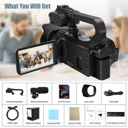 4K video camera camcorder 60FPS 64MP 18X digital zoom auto focus vlogging camera for YouTube, 4.0" touch screen HD WiFi video camera with 4500mAh battery, 64G SD card, stabilizer, microphone, and remote.