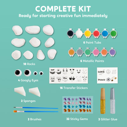 JOYIN 10pcs Rock Painting Kit for Kids with 18 Colors (Standard Metallic colors, Stickers, Glitter glue) Creative Stone Painting, Craft Kit Rock Painting Set Gift Girls 6-12 Years