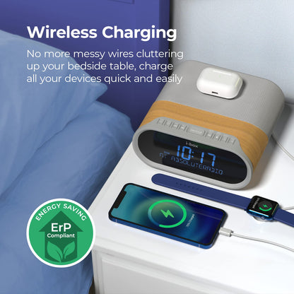 i-box DAB/DAB+ & FM Radio Alarm Clock, wireless fast 10W Qi charging Large digit display Dual alarm with Bluetooth 5.0, 2x5W stereo speakers, DAB Radio, 2X USB charging ports
