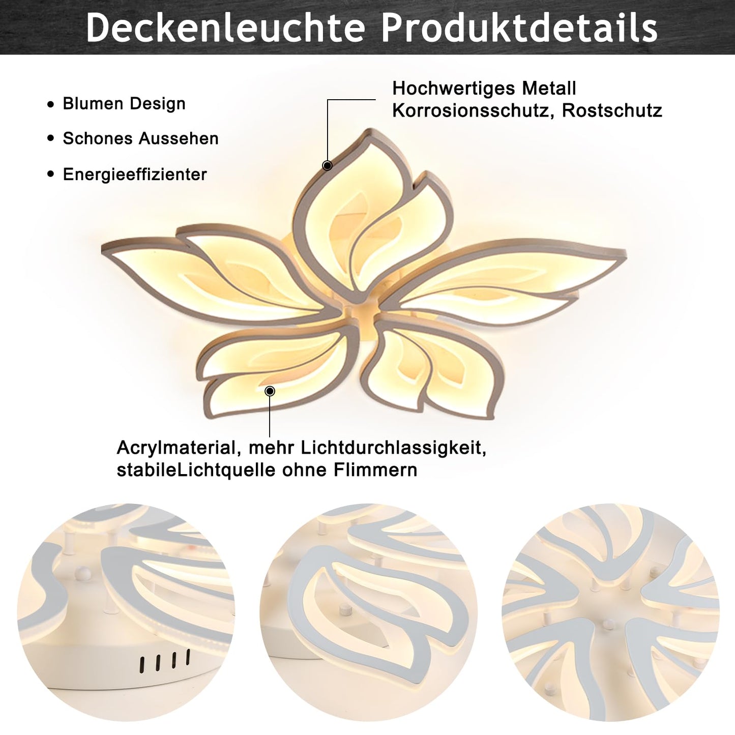 Sky angle LED Ceiling Light with Remote Control Dimmable Bedroom Lamp, Creative Flower Shape Design Living Room Ceiling Light (5 Heads/Ø63cm/24.8in)